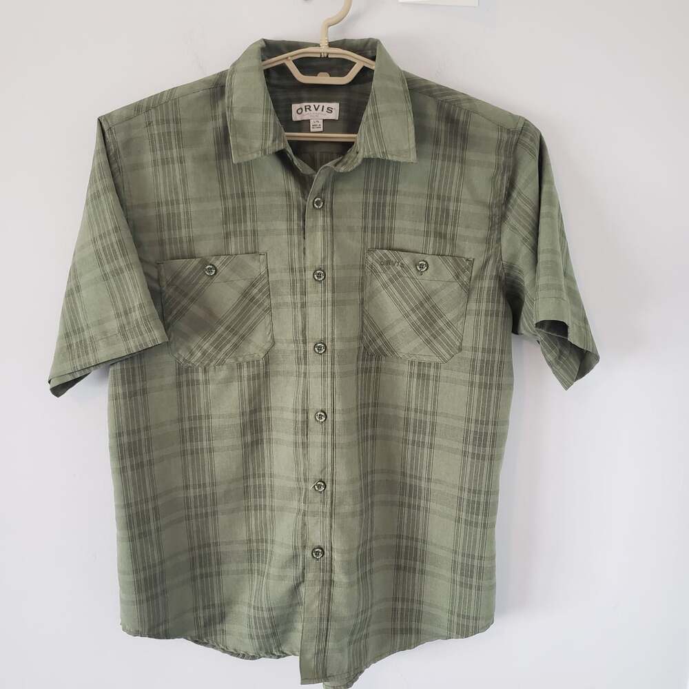 Orvis Short Sleeve Button Up Olive Green Plaid Shirt Men's Size L